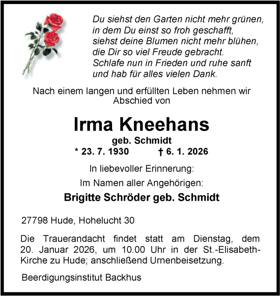 Traueranzeige von Irma Kneehans von Nordwest-Zeitung