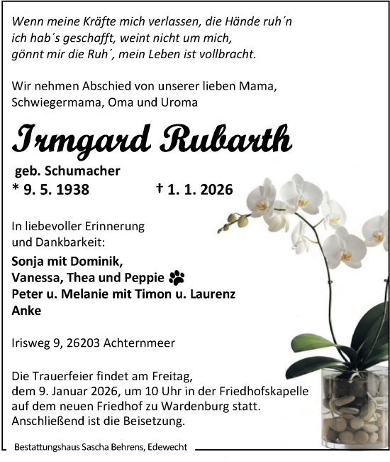 Traueranzeige von Irmgard Rubarth von Nordwest-Zeitung