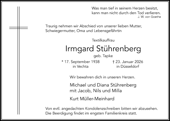 Traueranzeige von Irmgard Stührenberg von Nordwest-Zeitung