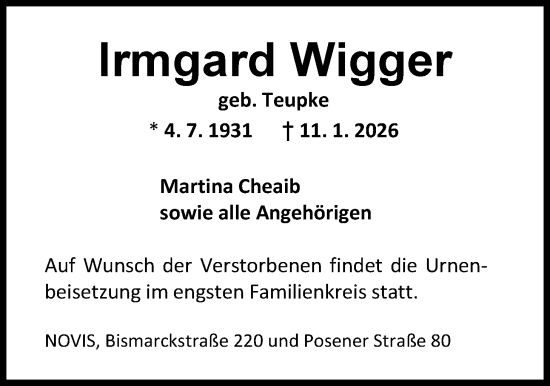 Traueranzeige von Irmgard Wigger von WZ/JW/AH