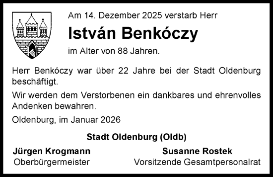 Traueranzeige von István Benköczy von Nordwest-Zeitung
