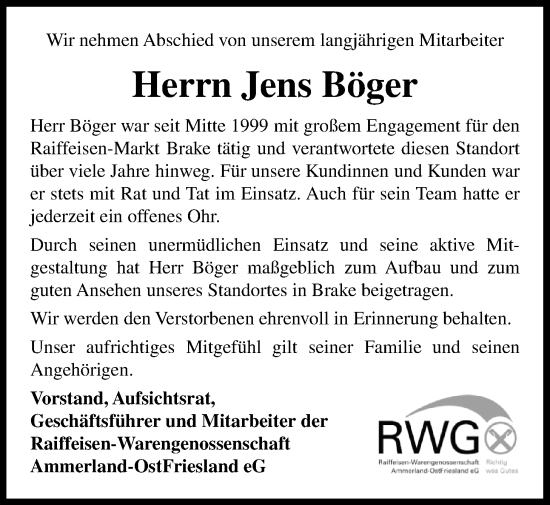 Traueranzeige von Jens Böger von Nordwest-Zeitung