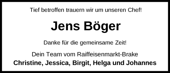 Traueranzeige von Jens Böger von Nordwest-Zeitung