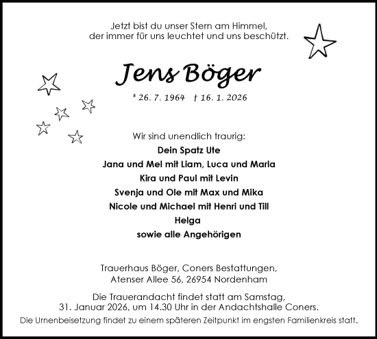 Traueranzeige von Jens Böger von Nordwest-Zeitung
