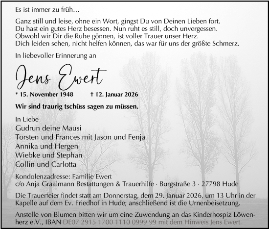Traueranzeige von Jens Ewert von Nordwest-Zeitung