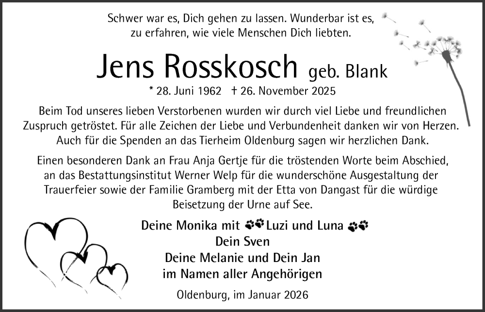  Traueranzeige für Jens Rosskosch vom 31.01.2026 aus Nordwest-Zeitung
