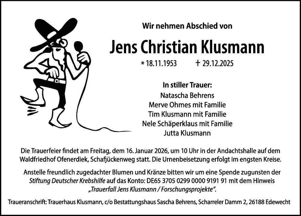  Traueranzeige für Jens Christian Klusmann vom 10.01.2026 aus WZ/JW/AH