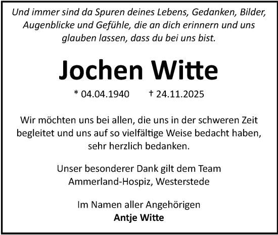 Traueranzeige von Jochen Witte von Nordwest-Zeitung