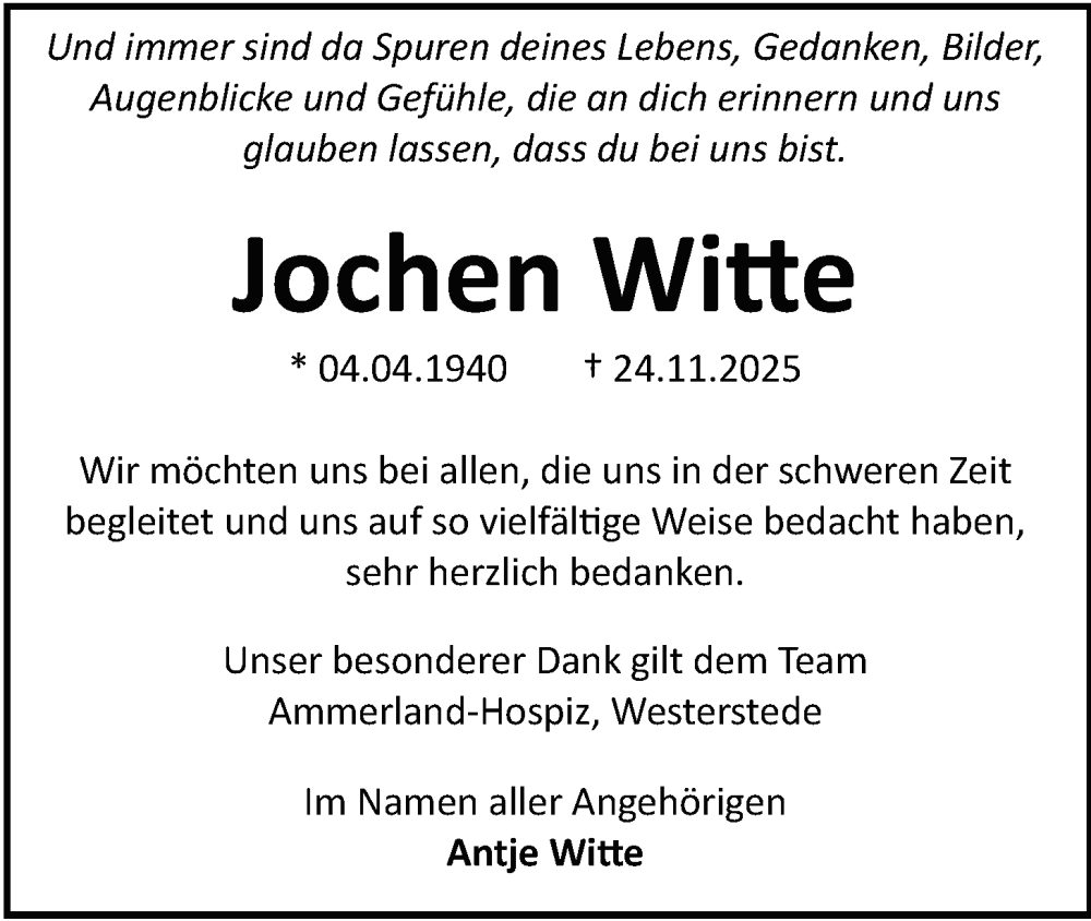  Traueranzeige für Jochen Witte vom 24.01.2026 aus Nordwest-Zeitung