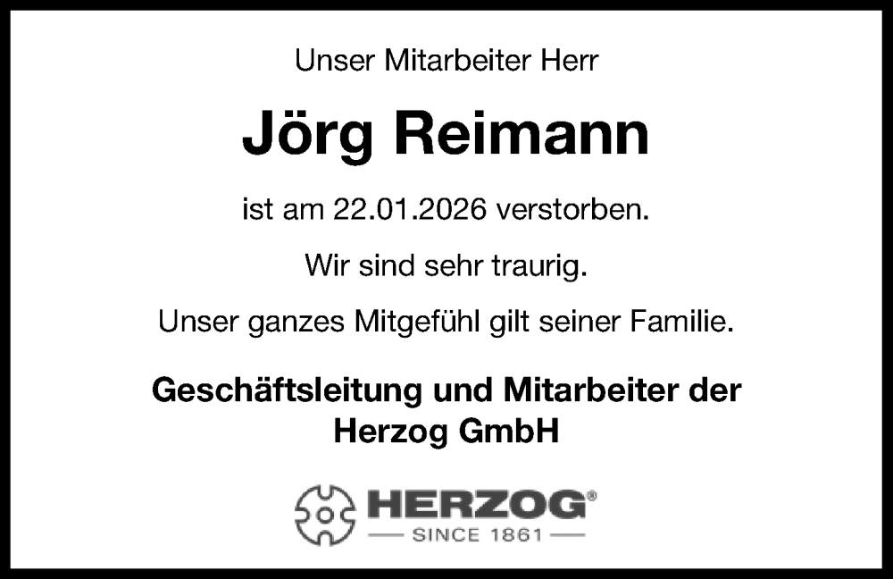  Traueranzeige für Jörg Reimann vom 31.01.2026 aus Nordwest-Zeitung