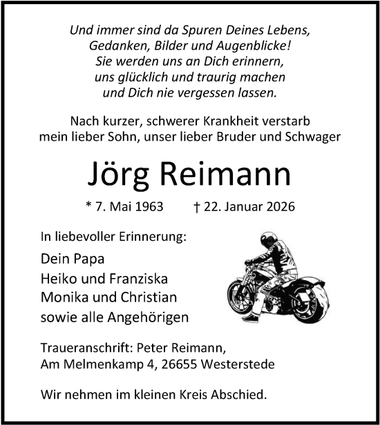 Traueranzeige von Jörg Reimann von Nordwest-Zeitung