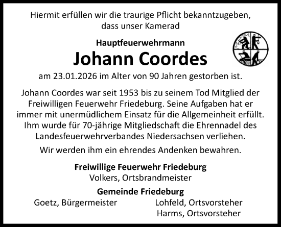 Traueranzeige von Johann  Coordes von WZ/JW/AH