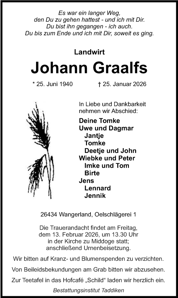  Traueranzeige für Johann Graalfs vom 30.01.2026 aus WZ/JW/AH