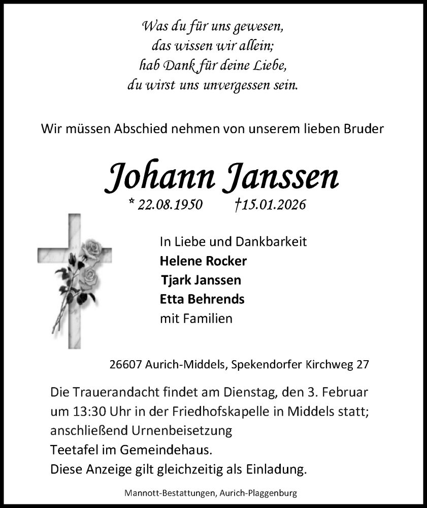  Traueranzeige für Johann Janssen vom 24.01.2026 aus WZ/JW/AH
