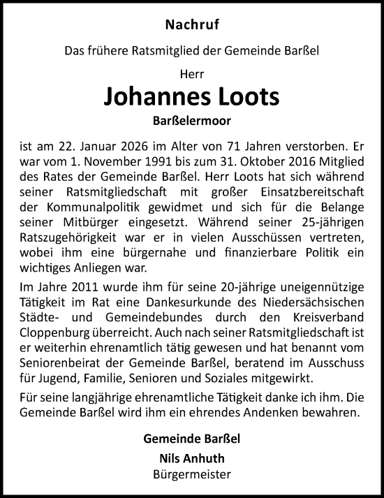 Traueranzeige von Johannes Loots von Nordwest-Zeitung