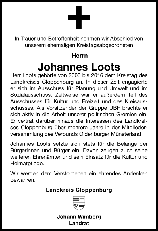 Traueranzeige von Johannes Loots von Nordwest-Zeitung