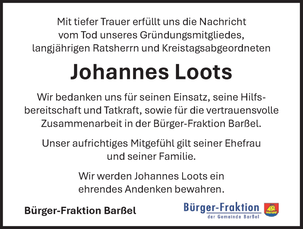  Traueranzeige für Johannes Loots vom 27.01.2026 aus Nordwest-Zeitung