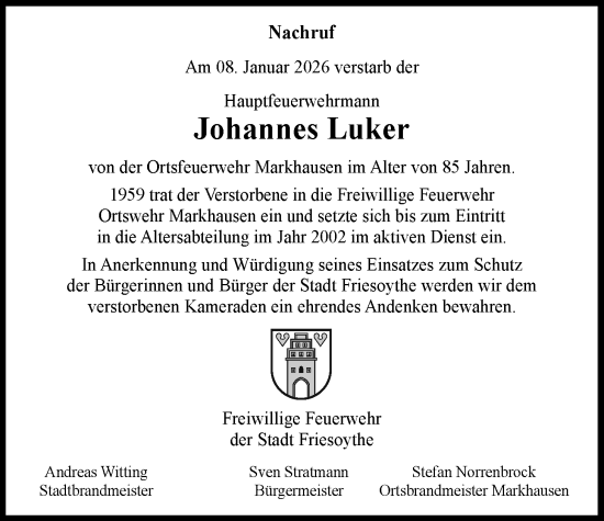 Traueranzeige von Johannes Luker von Nordwest-Zeitung
