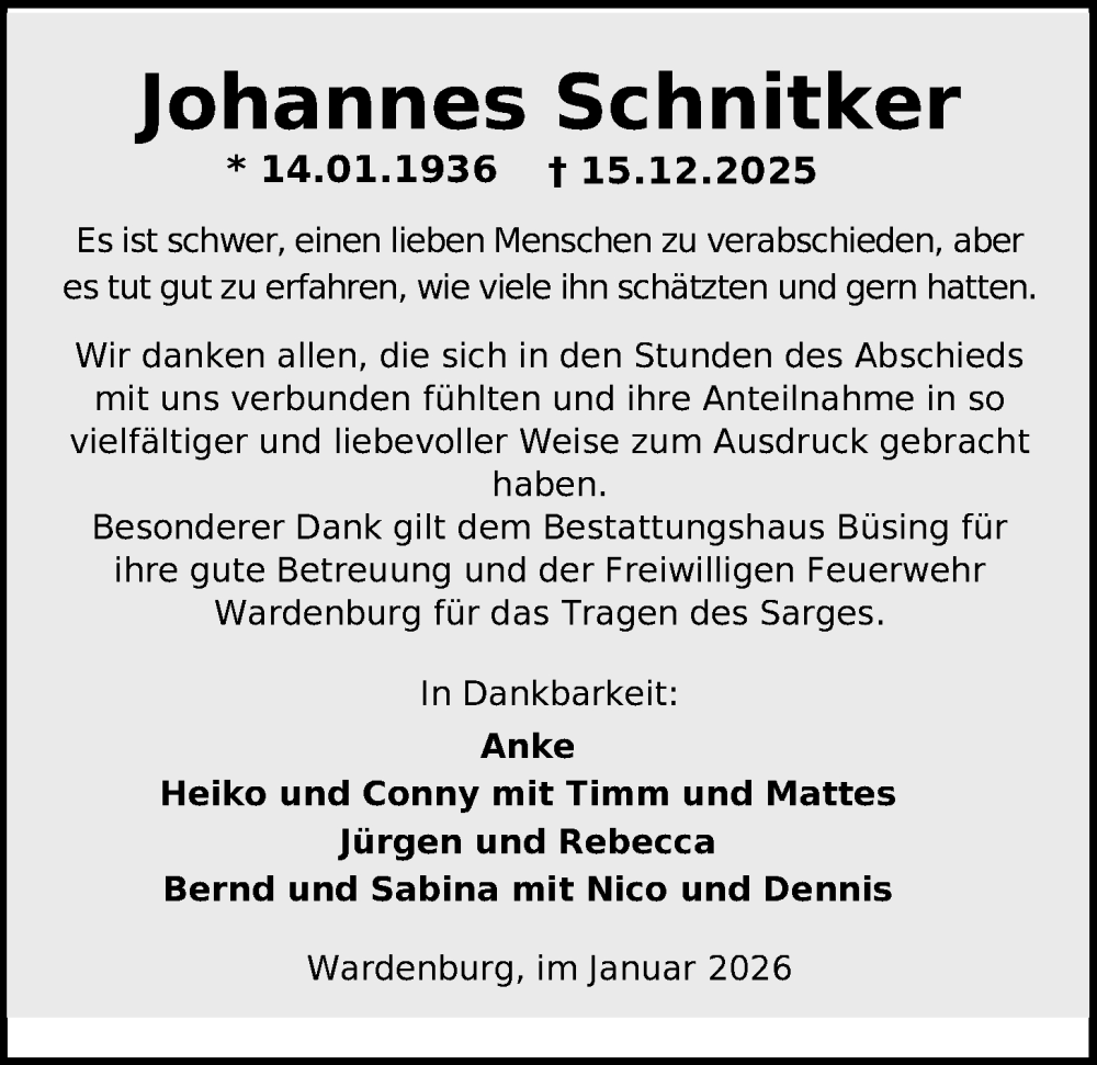  Traueranzeige für Johannes Schnitker vom 17.01.2026 aus Nordwest-Zeitung