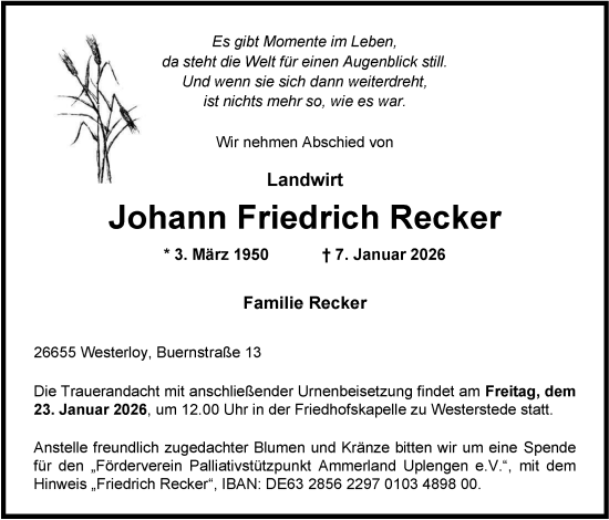 Traueranzeige von Johann Friedrich Recker von Nordwest-Zeitung