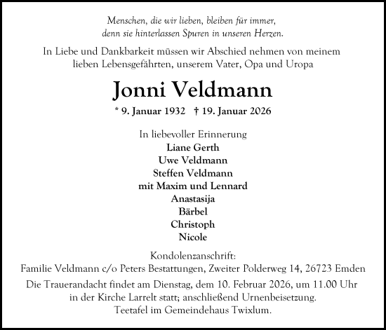 Traueranzeige von Jonni Veldmann von Emder Zeitung