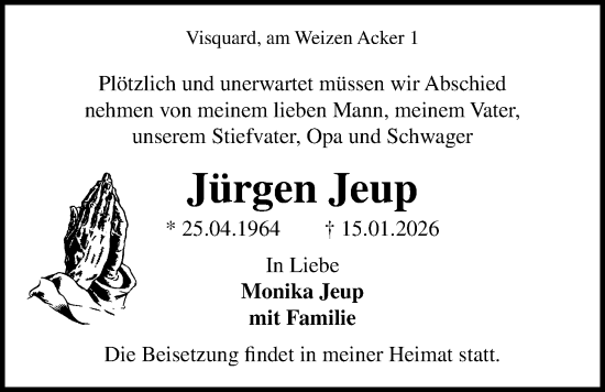 Traueranzeige von Jürgen Jeup von Emder Zeitung
