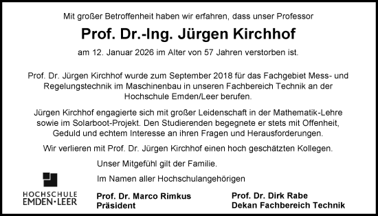 Traueranzeige von Jürgen Kirchhof von Emder Zeitung
