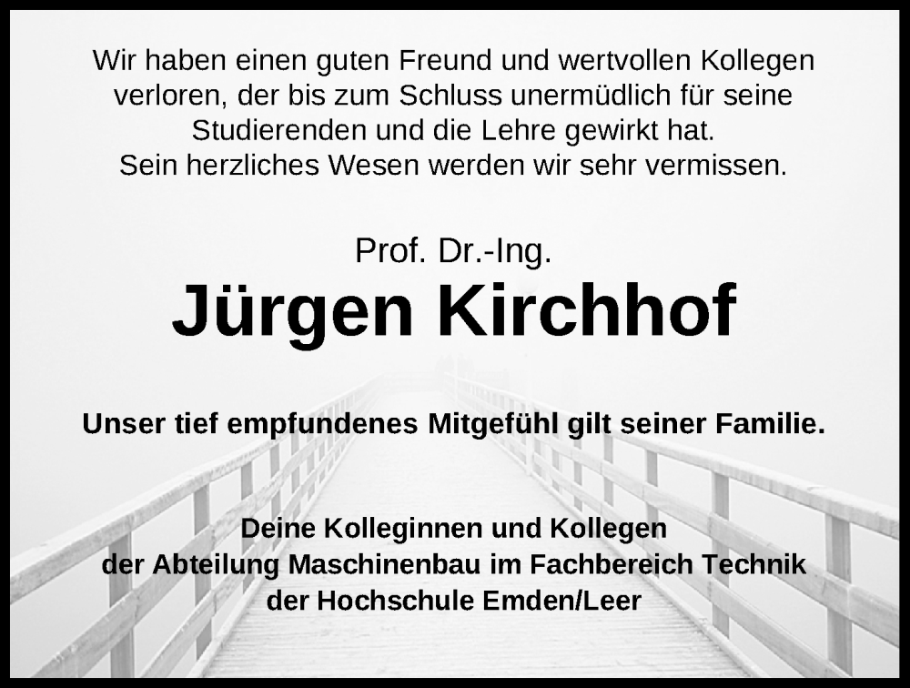  Traueranzeige für Jürgen Kirchhof vom 17.01.2026 aus Emder Zeitung