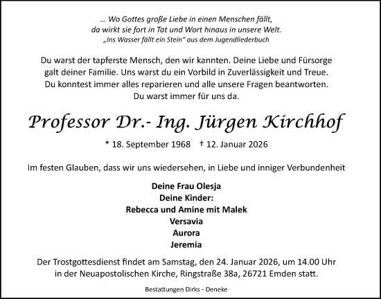 Traueranzeige von Jürgen Kirchhof von Emder Zeitung