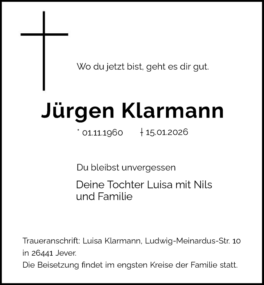  Traueranzeige für Jürgen Klarmann vom 24.01.2026 aus WZ/JW/AH