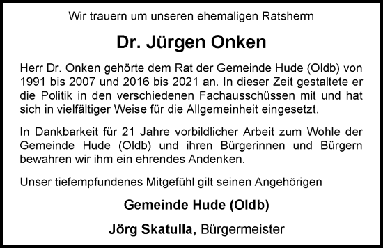 Traueranzeige von Jürgen Onken von Nordwest-Zeitung