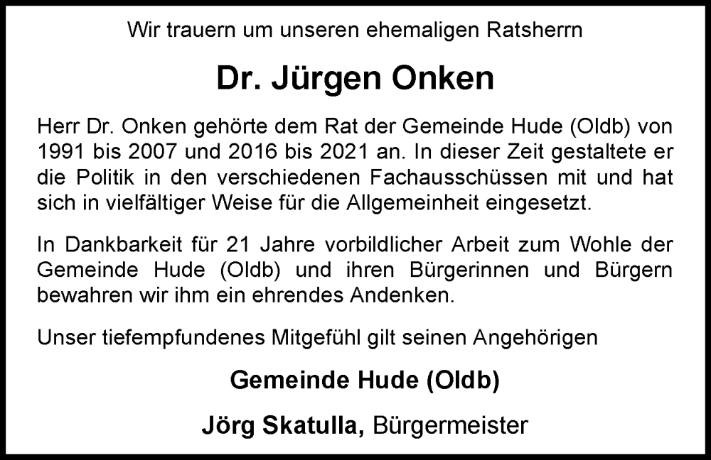  Traueranzeige für Jürgen Onken vom 27.01.2026 aus Nordwest-Zeitung