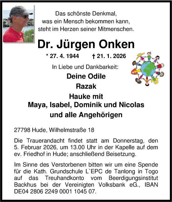 Traueranzeige von Jürgen Onken von Nordwest-Zeitung