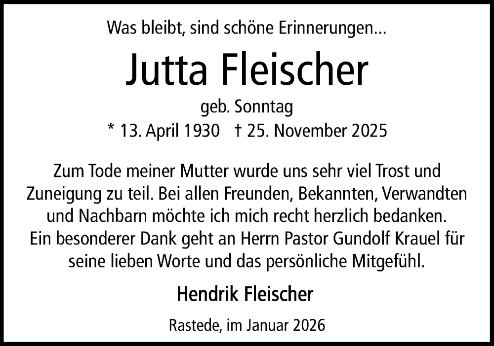  Traueranzeige für Jutta Fleischer vom 10.01.2026 aus Nordwest-Zeitung