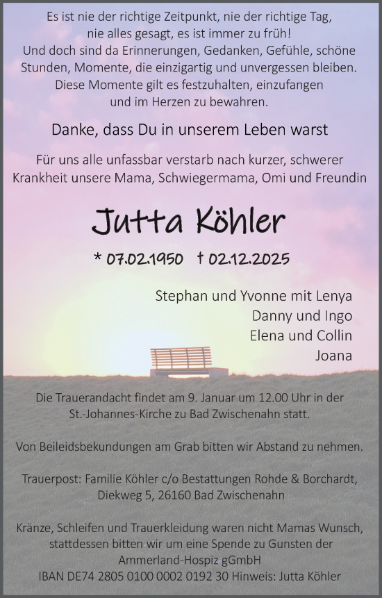 Traueranzeige von Jutta Köhler von Nordwest-Zeitung