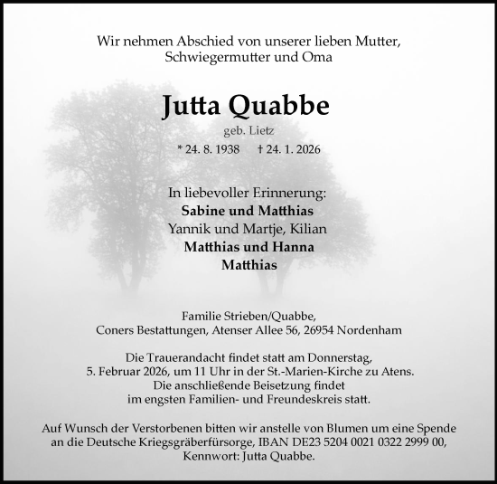 Traueranzeige von Jutta Quabbe von Nordwest-Zeitung