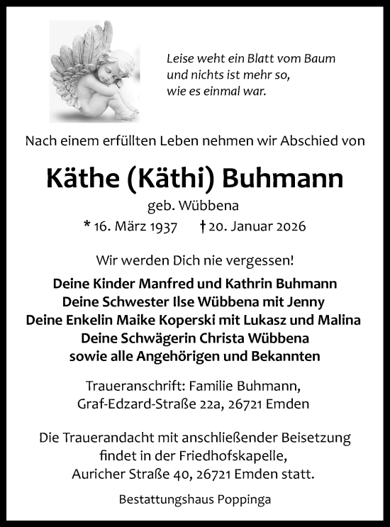 Traueranzeige von Käthe Buhmann von Emder Zeitung