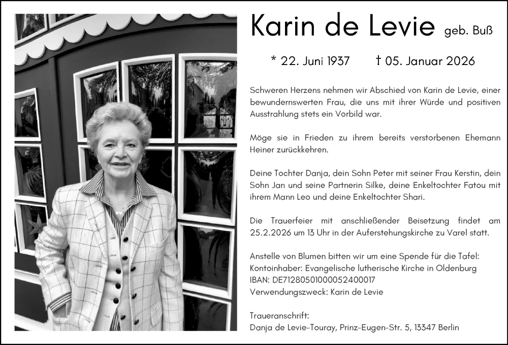  Traueranzeige für Karin de Levie vom 31.01.2026 aus Nordwest-Zeitung