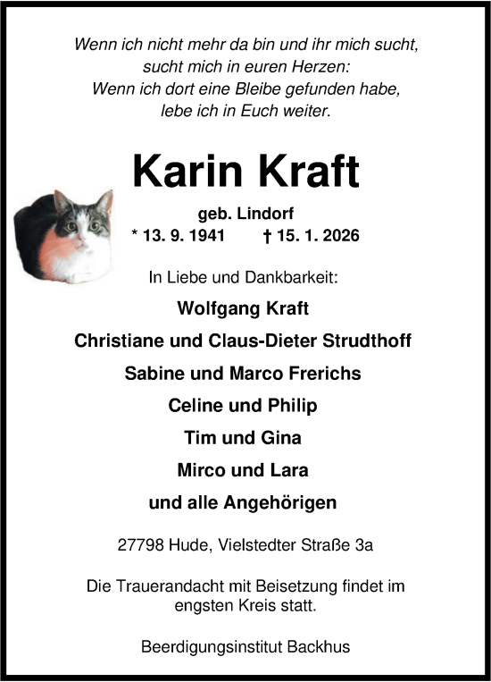Traueranzeige von Karin Kraft von Nordwest-Zeitung