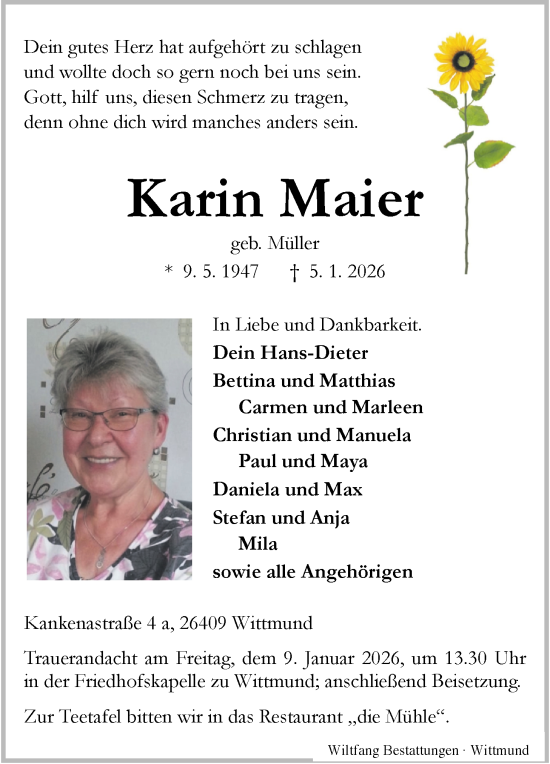 Traueranzeige von Karin Maier von WZ/JW/AH
