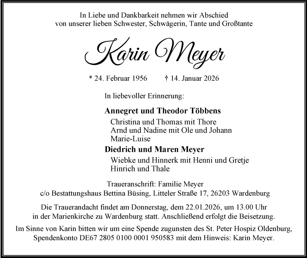  Traueranzeige für Karin Meyer vom 20.01.2026 aus Nordwest-Zeitung