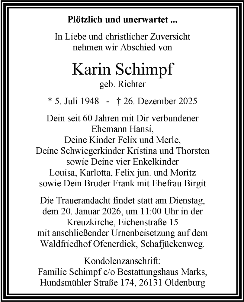  Traueranzeige für Karin Schimpf vom 10.01.2026 aus Nordwest-Zeitung