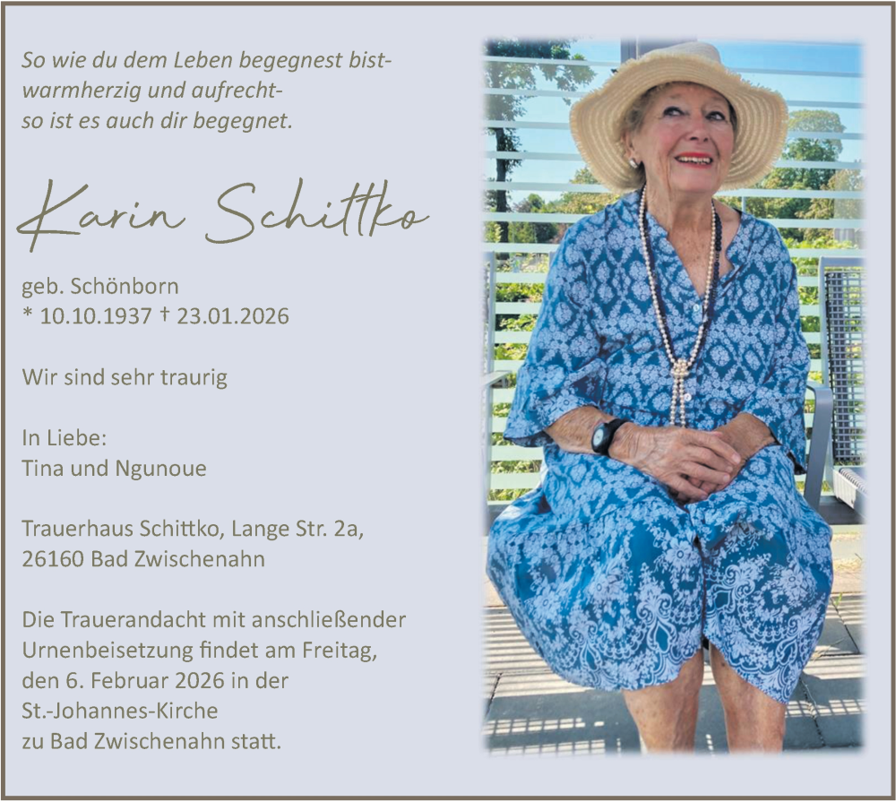  Traueranzeige für Karin Schittko vom 31.01.2026 aus Nordwest-Zeitung