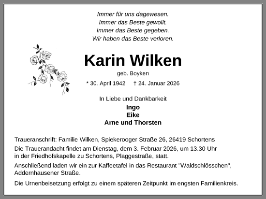 Traueranzeige von Karin Wilken von WZ/JW/AH