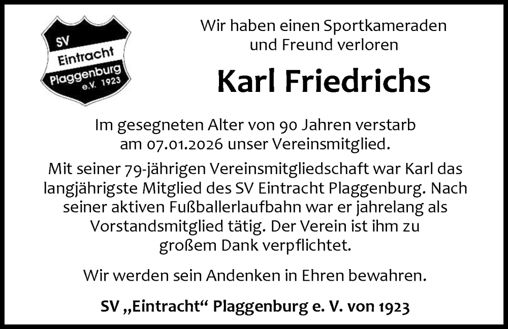 Traueranzeige für Karl Friedrichs vom 24.01.2026 aus Emder Zeitung