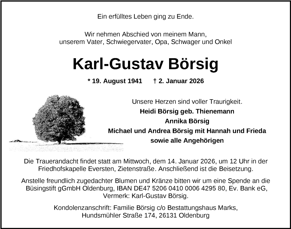  Traueranzeige für Karl-Gustav Börsig vom 10.01.2026 aus Nordwest-Zeitung