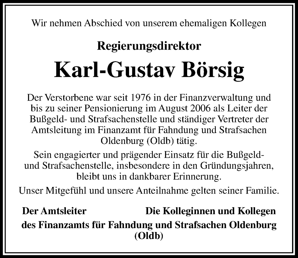  Traueranzeige für Karl-Gustav Börsig vom 10.01.2026 aus Nordwest-Zeitung