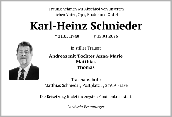 Traueranzeige von Karl-Heinz Schnieder von Nordwest-Zeitung