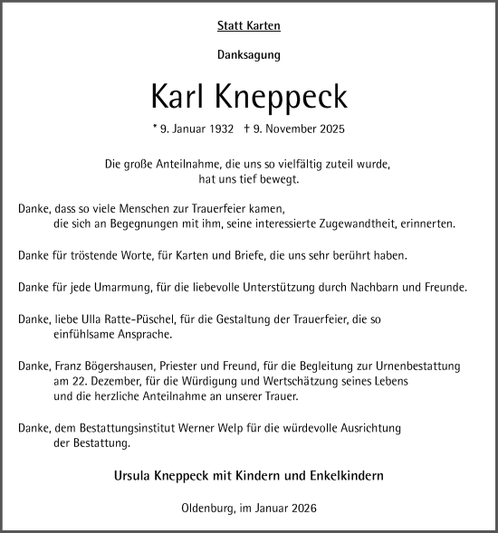 Traueranzeige von Karl Kneppeck von Nordwest-Zeitung