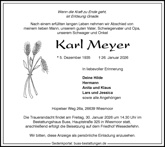 Traueranzeige von Karl Meyer von WZ/JW/AH